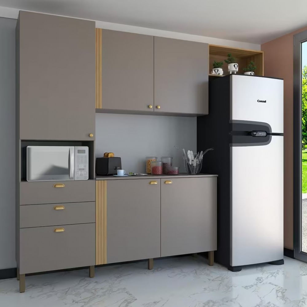 Cozinha Compacta Bartira Pérola com 5 Portas, 2 Gavetas, 1 Gavetão e 4 Prateleiras - 251cm de largura