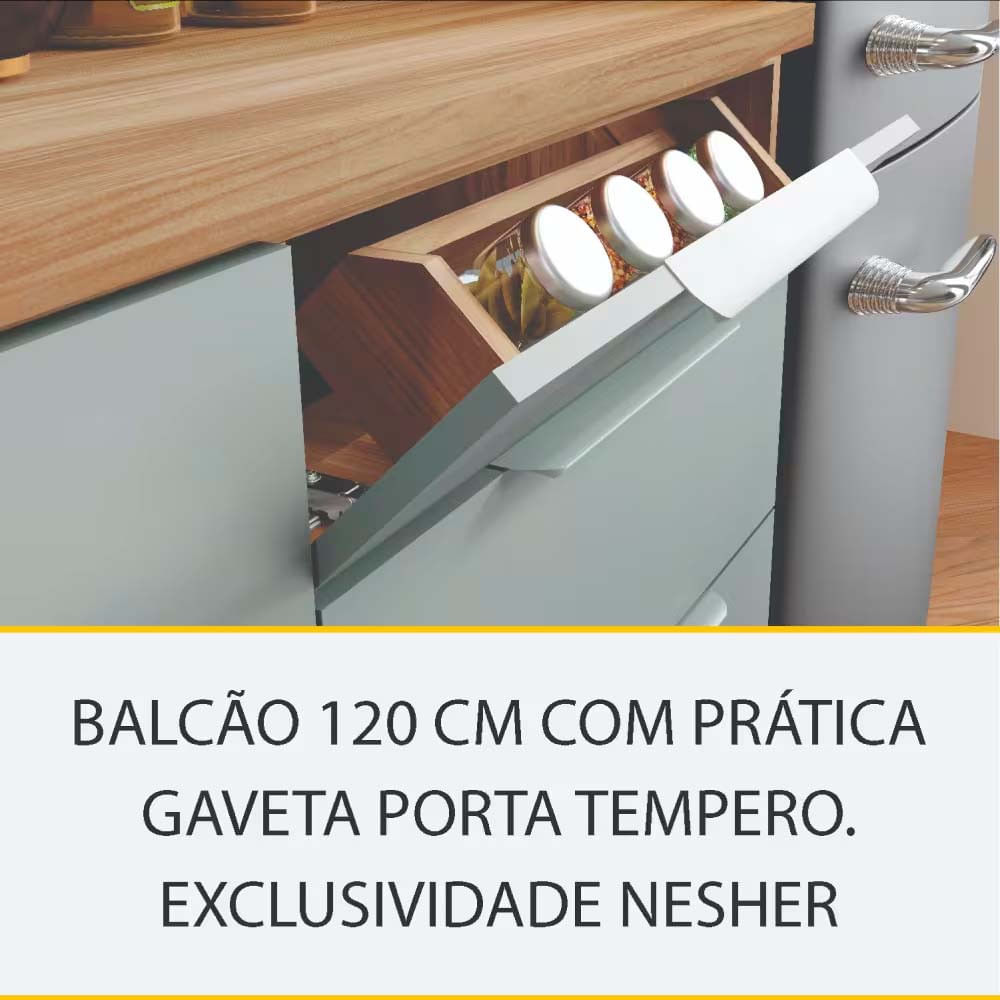 Cozinha Completa em MDF Nesher Paris Ripada com 270 cm de Largura, 8 Portas, 6 Gavetas e 12 Prateleiras Nature com Verde