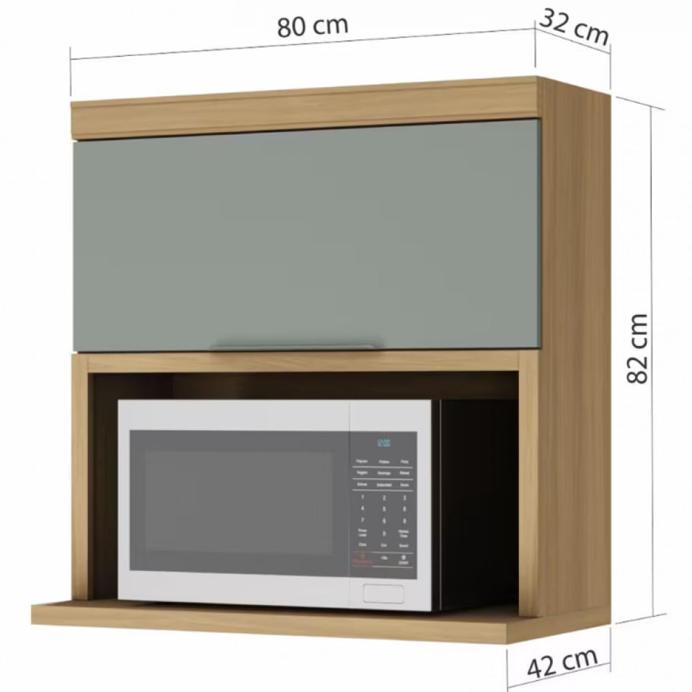 Armário Aéreo Nesher Marquesa em MDF 15mm com Nicho para Micro-ondas, 1 Porta e 1 Prateleira - 80cm de largura Nature com Verde