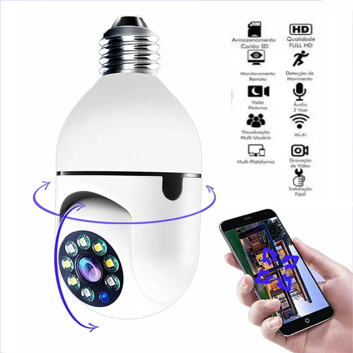 Câmera lampada inteligente Wireless infra IP Full HD 2.0 megapixels Onvif, Holofote, Auto Tracking