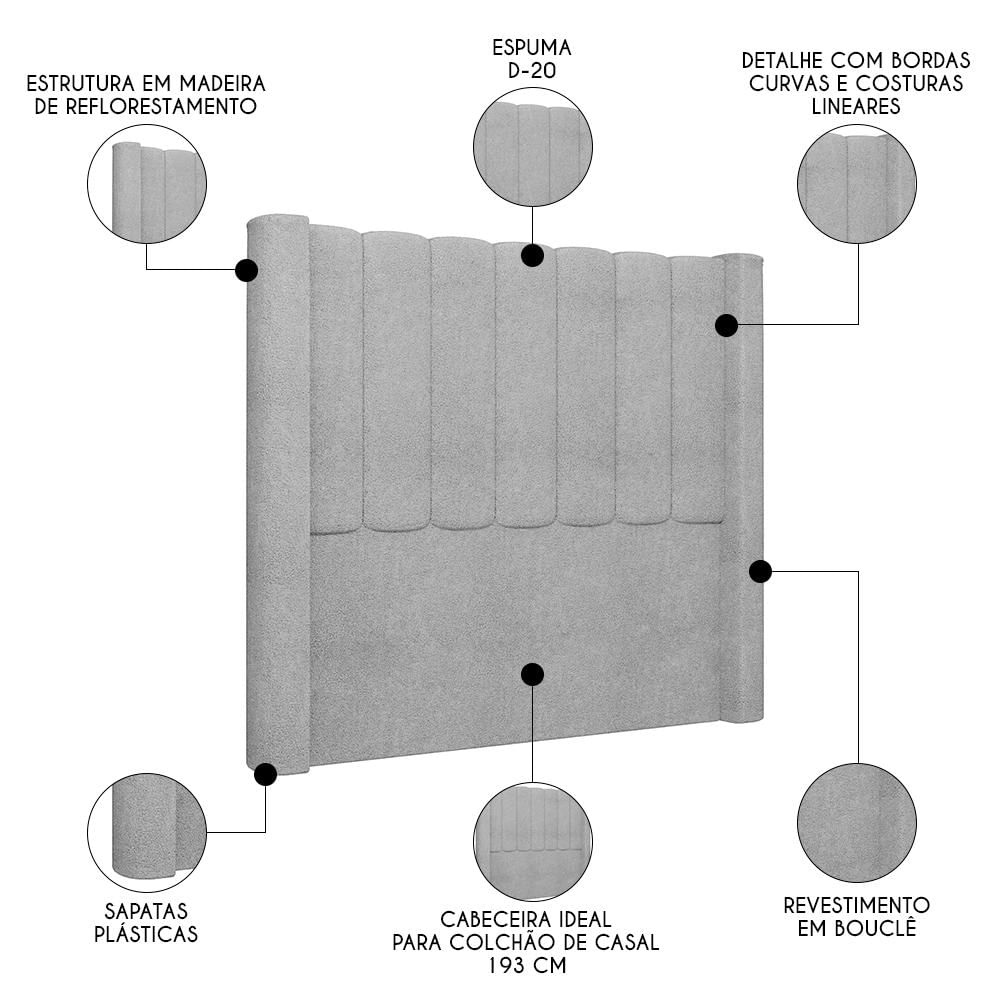 Cabeceira Casal King Cama Box 195cm Claire I02 Bouclê Cinza - Mpozenato