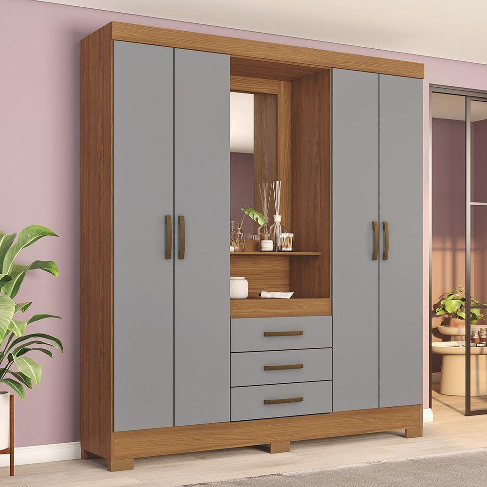 Guarda Roupa Casal 4 Portas Com Espelho 3 Gavetas Ryan Casa 812 Nature Com Cinza