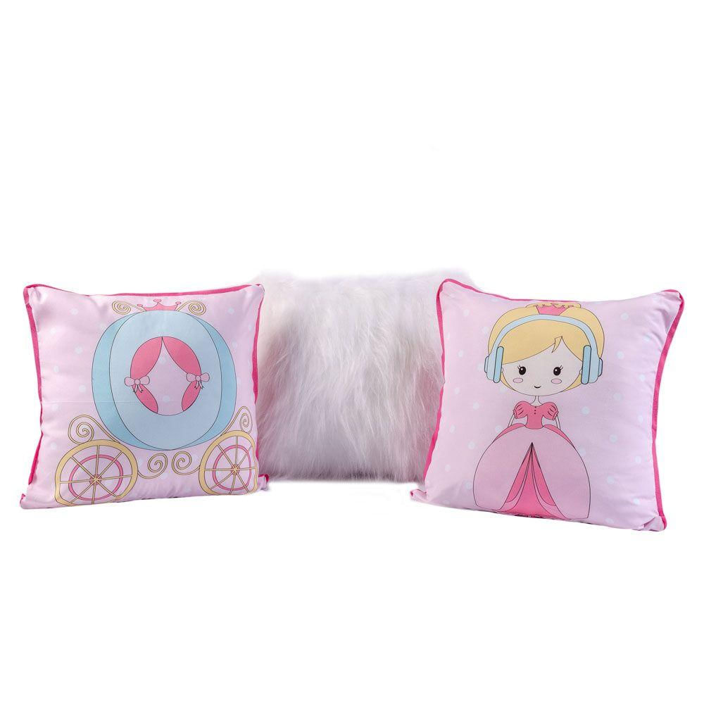 Kit Capas Almofadas Princess Rosa Branco Plush 3 Peças 45x45