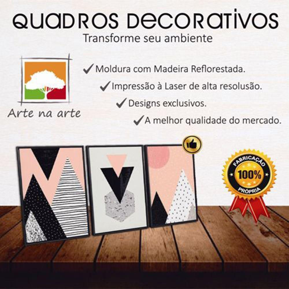 Conjunto Quadros Decorativos 3 Peças 30x45 Mdf Formas Rosa Titulos Moldura Preta