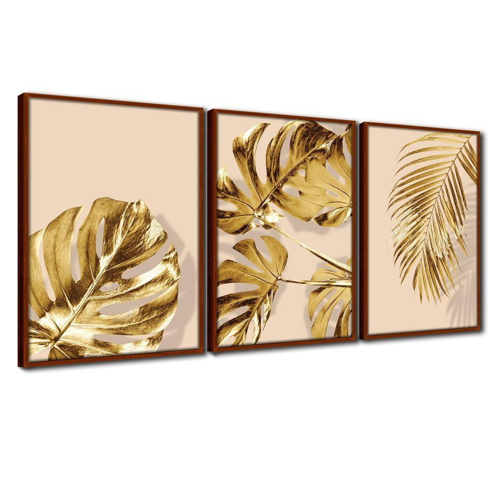 Quadro Premium Textura Cx Alta Folhas Ouro Em Bege 3Un 40X60 Titulo Moldura Ocre