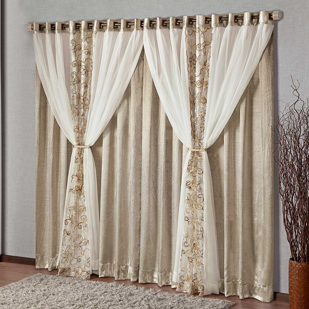 CortinaDiamante3,00mx2,50mTecidoCetimAmassadocomVoilFloralVarãoSimples-Bronze