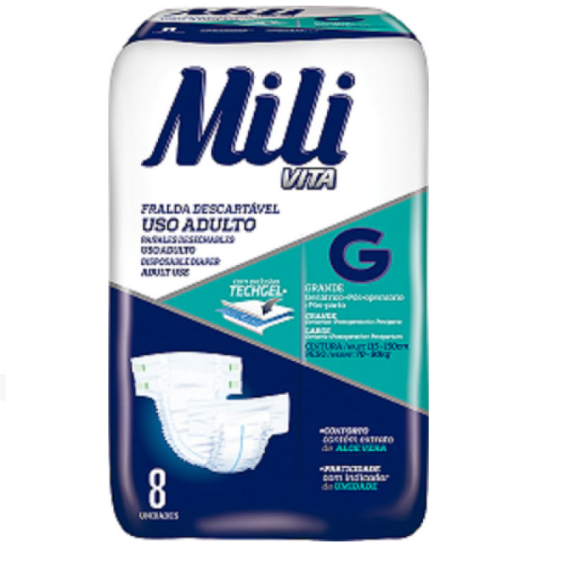 Fralda Geriátrica  Mili Vita  (USO ADULTO)- Tam: G - 5 Pacotes c/8 (total: 40 fraldas)