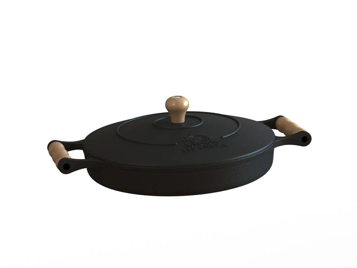 Frigideira Ferro Fundido Com Tampa E Alças De Madeira 28 Cm