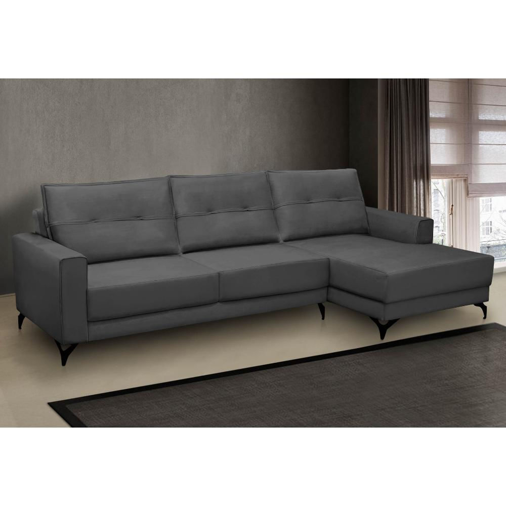 Sofá 4 Lugares com Chaise Direito 265cm Soreh F05 Veludo Grafite - Mpozenato