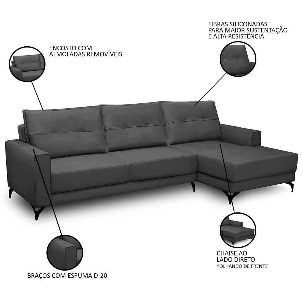 Sofá 4 Lugares com Chaise Direito 265cm Soreh F05 Veludo Grafite - Mpozenato