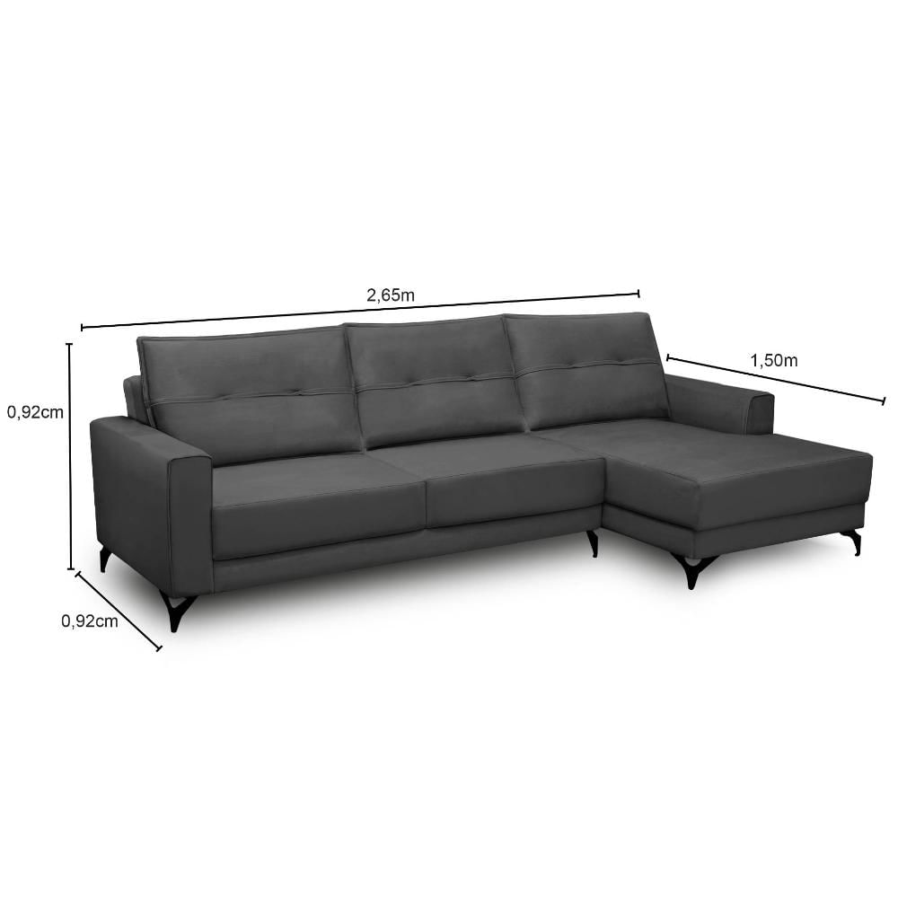 Sofá 4 Lugares com Chaise Direito 265cm Soreh F05 Veludo Grafite - Mpozenato