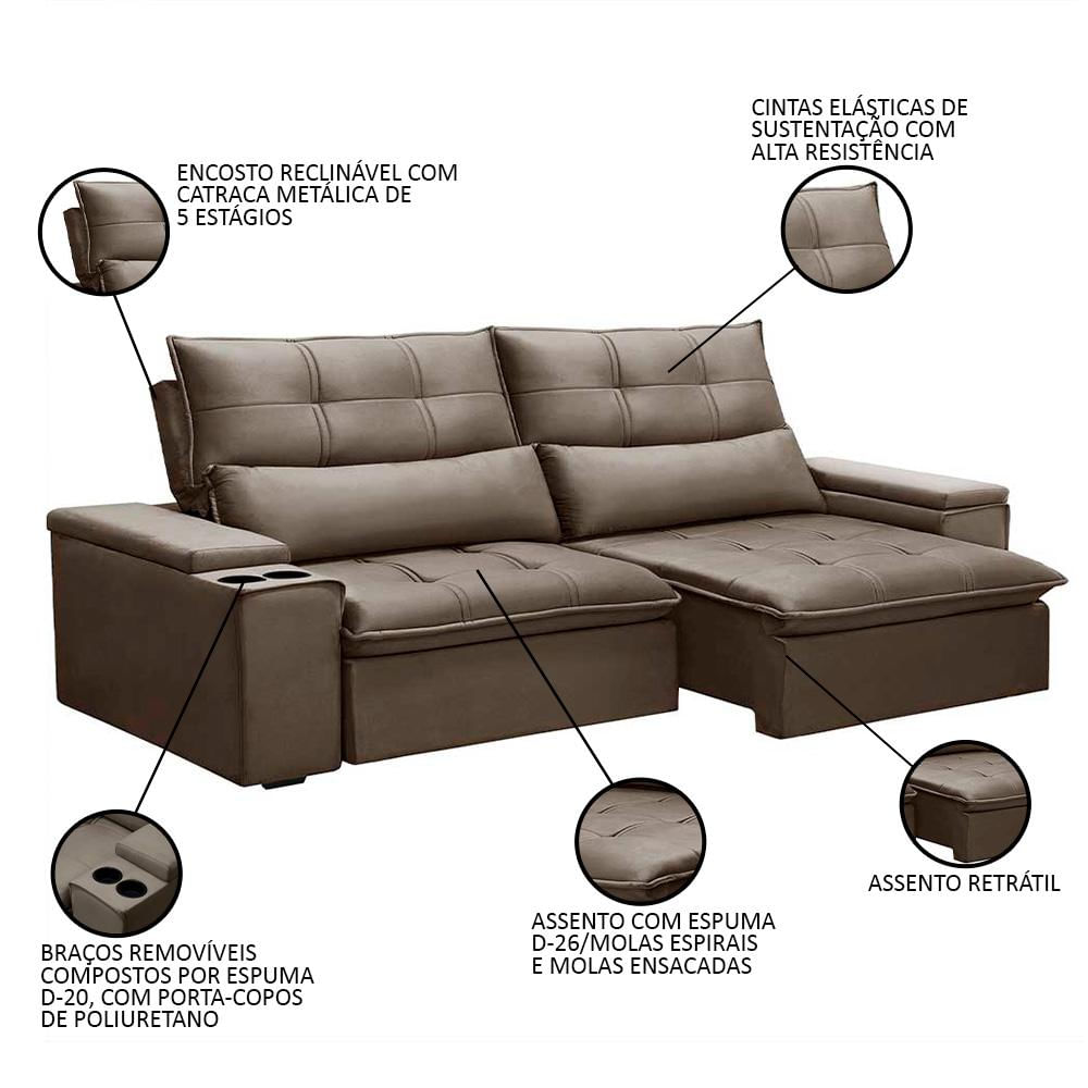 Sofá Retrátil Reclinável 3 Lugares 230cm Moritz F05 Veludo Castor - Mpozenato