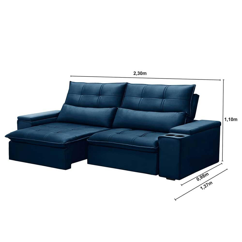 Sofá Retrátil Reclinável 3 Lugares 230cm Moritz F05 Veludo Azul - Mpozenato