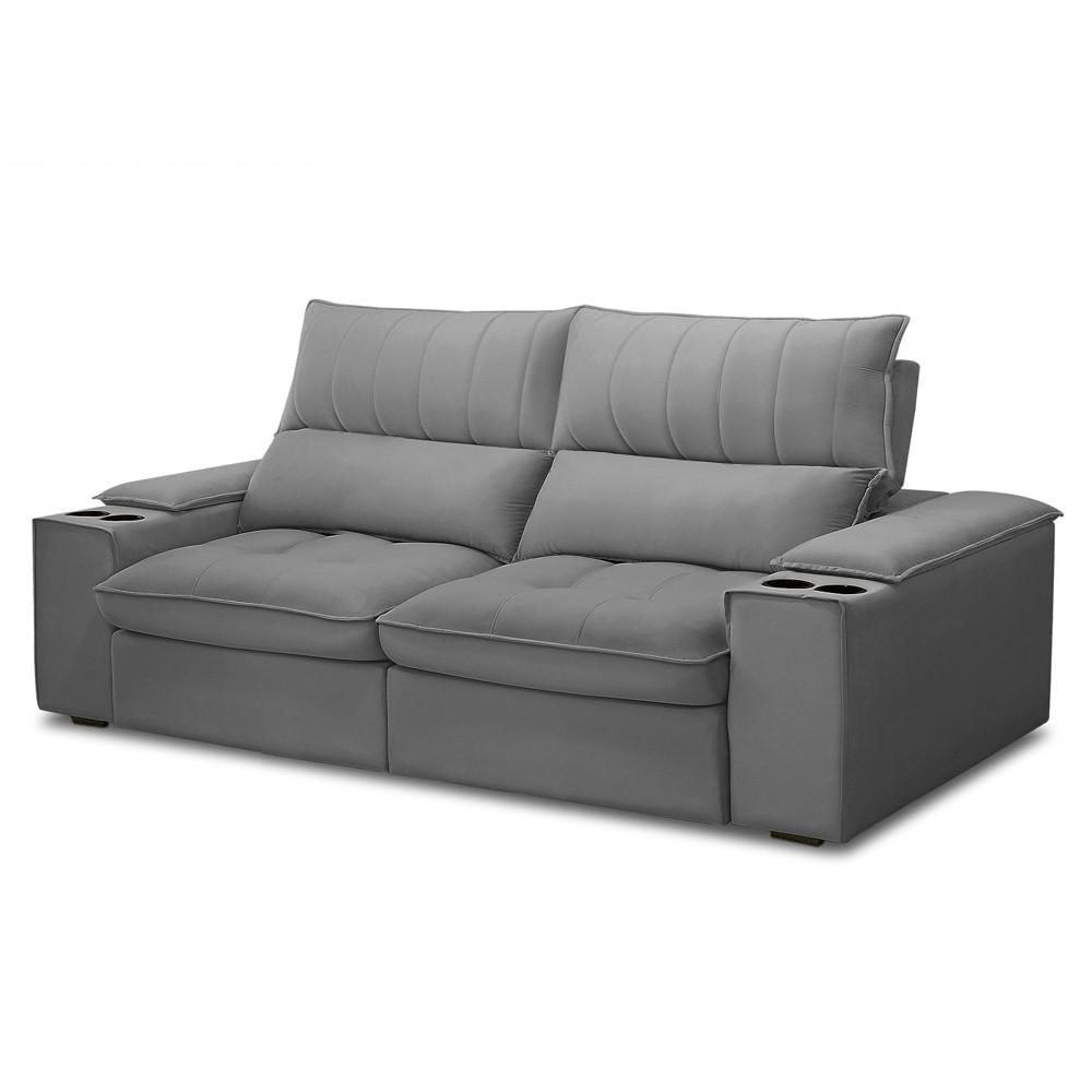 Sofá Retrátil 3 Lugares com Porta Copo 210cm Andes F05 Veludo Cinza - Mpozenato