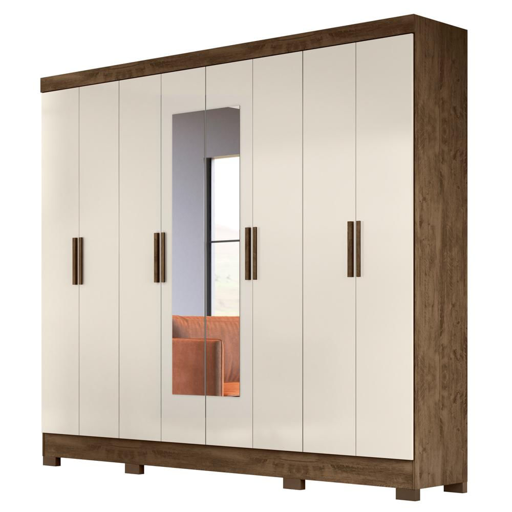 Guarda Roupa Casal com Espelho 8 Portas 236cm Ágata M07 Castanho Wood/Off White - Mpozenato