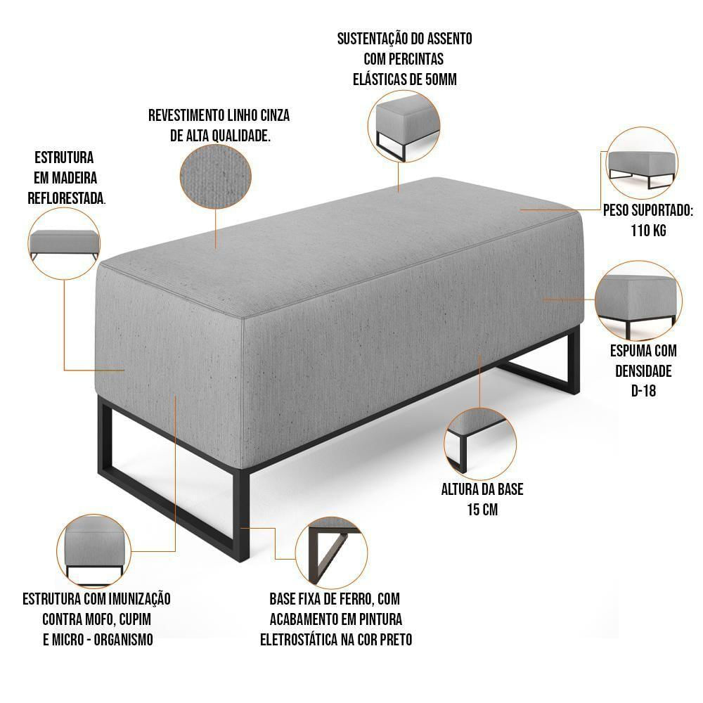 Puff Cléo W01 Base De Ferro 90 Cm Linho Cinza