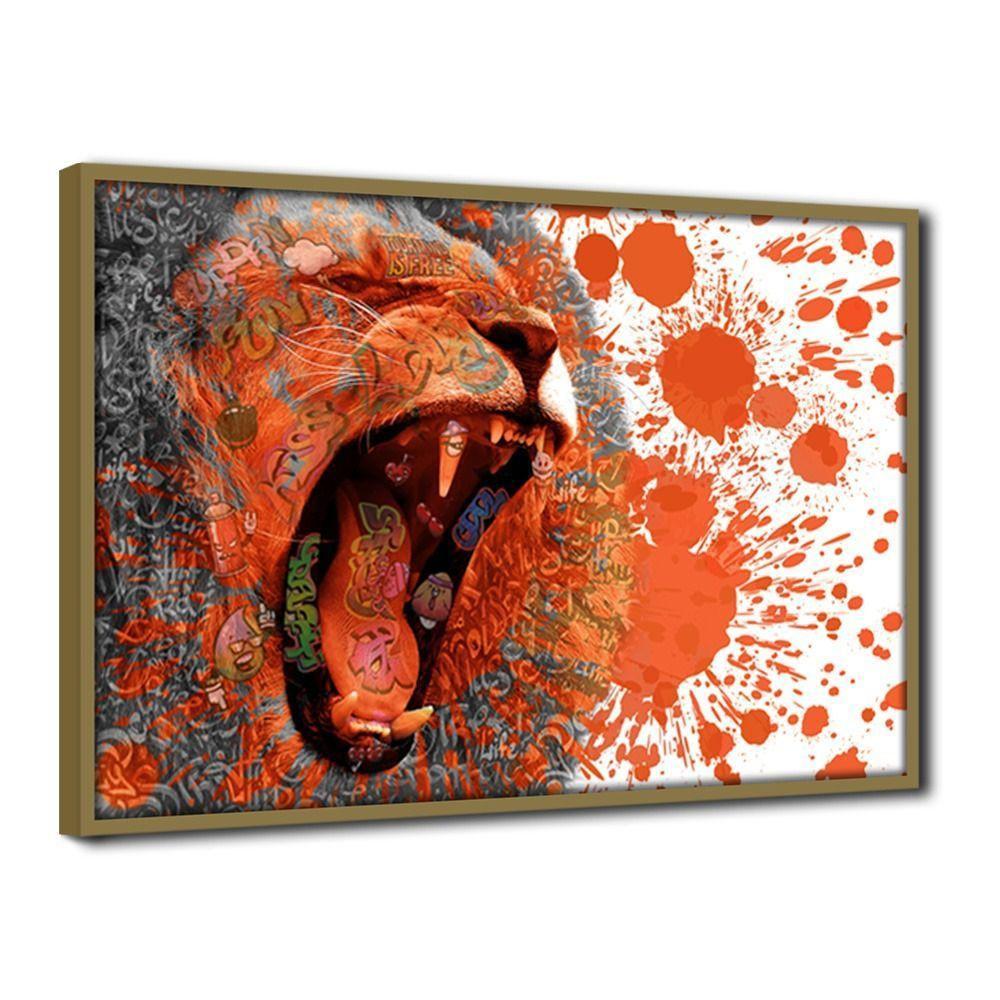 Quadro Decorativo Textura Cx Alta Rugido Leão 1 Pç 40x60  Titulo Moldura Caqui