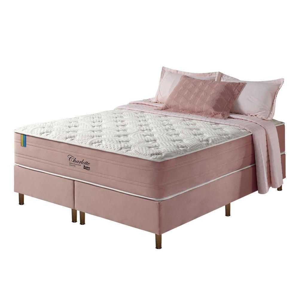 Cama Box Queen + Colchão Mola Ensacada Visco Gel Charlotte Rosa