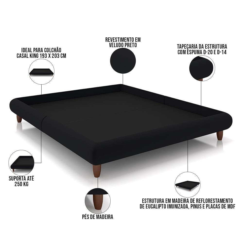 Cama Casal King Base Box Pés de Madeira 210cm Otto P05 Veludo Preto- Lyam Decor