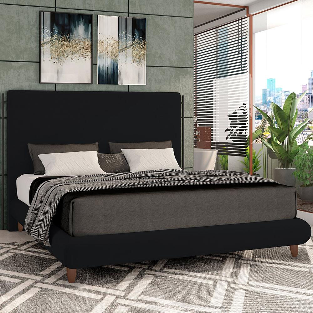 Cama Casal King Base Box Pés de Madeira 210cm Otto P05 Veludo Preto- Lyam Decor