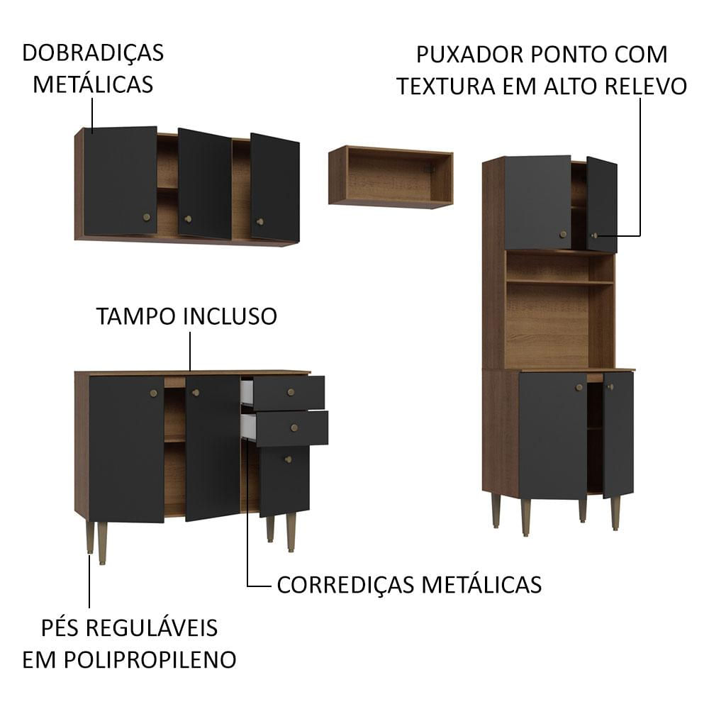 Armário de Cozinha Compacta 235cm Rustic/Preto Gourmet Madesa 01 Rustic/Preto