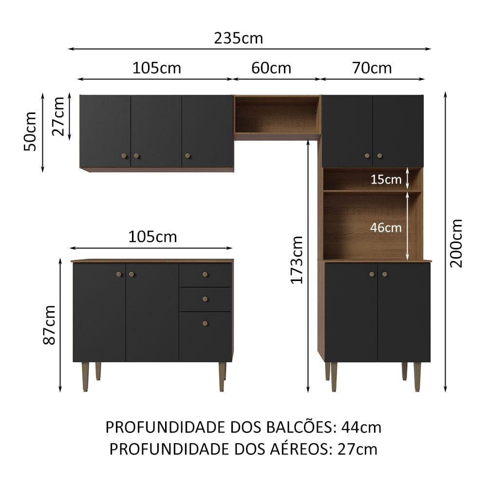 Armário de Cozinha Compacta 235cm Rustic/Preto Gourmet Madesa 01 Rustic/Preto