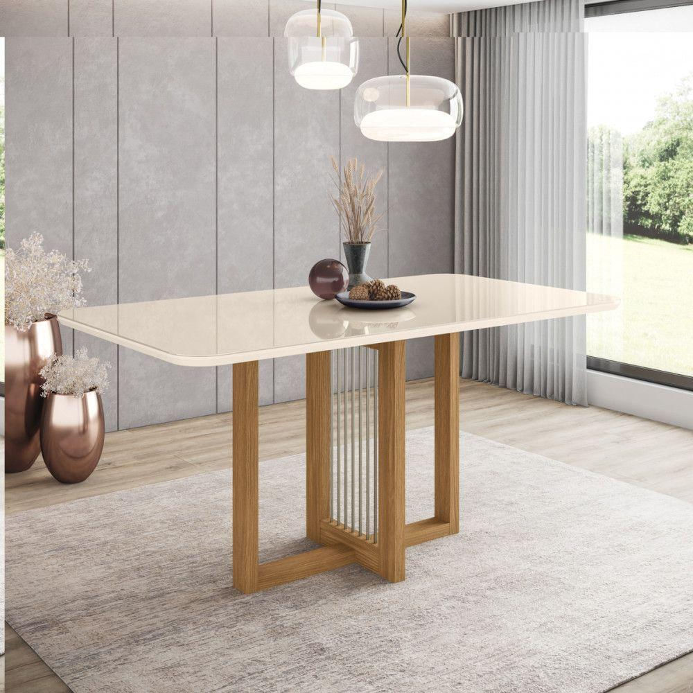 Mesa De Jantar Com Tampo Mdf E Vidro Com Canto Arredondado 160 Cm Natalí Henn Nature Com Off White