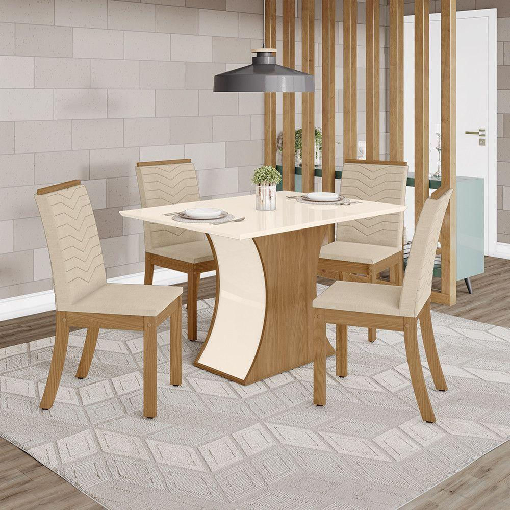 Conjunto Sala De Jantar Tampo Mdf Canto Reto 120 Cm 4 Cadeiras Melanie Henn Off White Com Nature E Linho