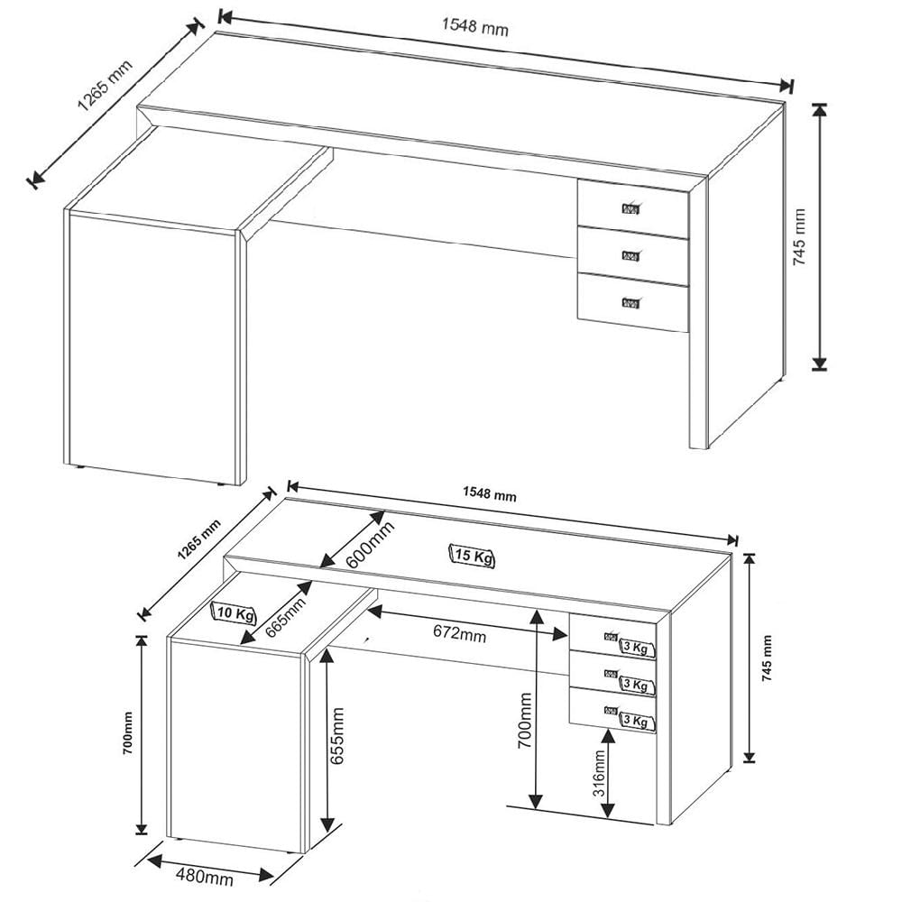 Mesa para Home Office com 03 Gavetas Nogal -Tecno Mobili