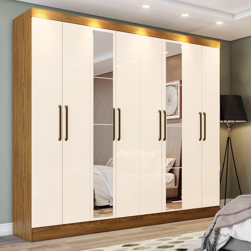 Guarda Roupa Casal 08 Portas 4 Gavetas Com Espelho Cancun Casa 812 Nature Com Off White