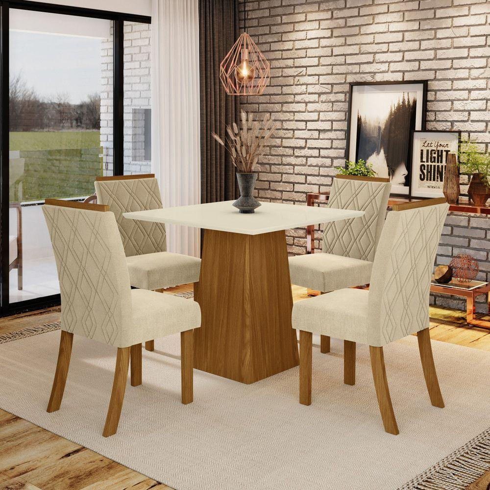 Conjunto Sala De Jantar Tampo Mdf Canto Reto 90 Cm 04 Cadeiras Kalyna Henn Nature Off White Linho