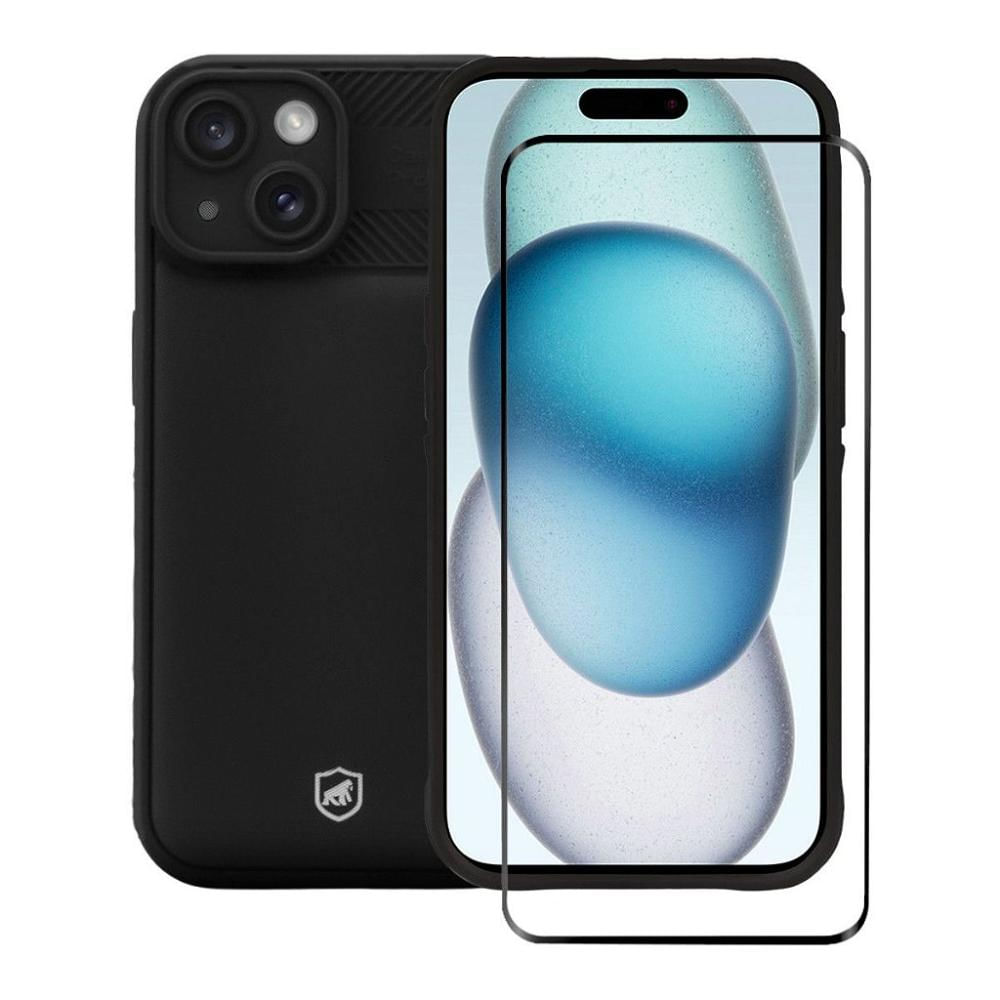 Kit Capa Symetric Preta e Pelicula Ultra Glass Preta para iPhone 15 - Gshield