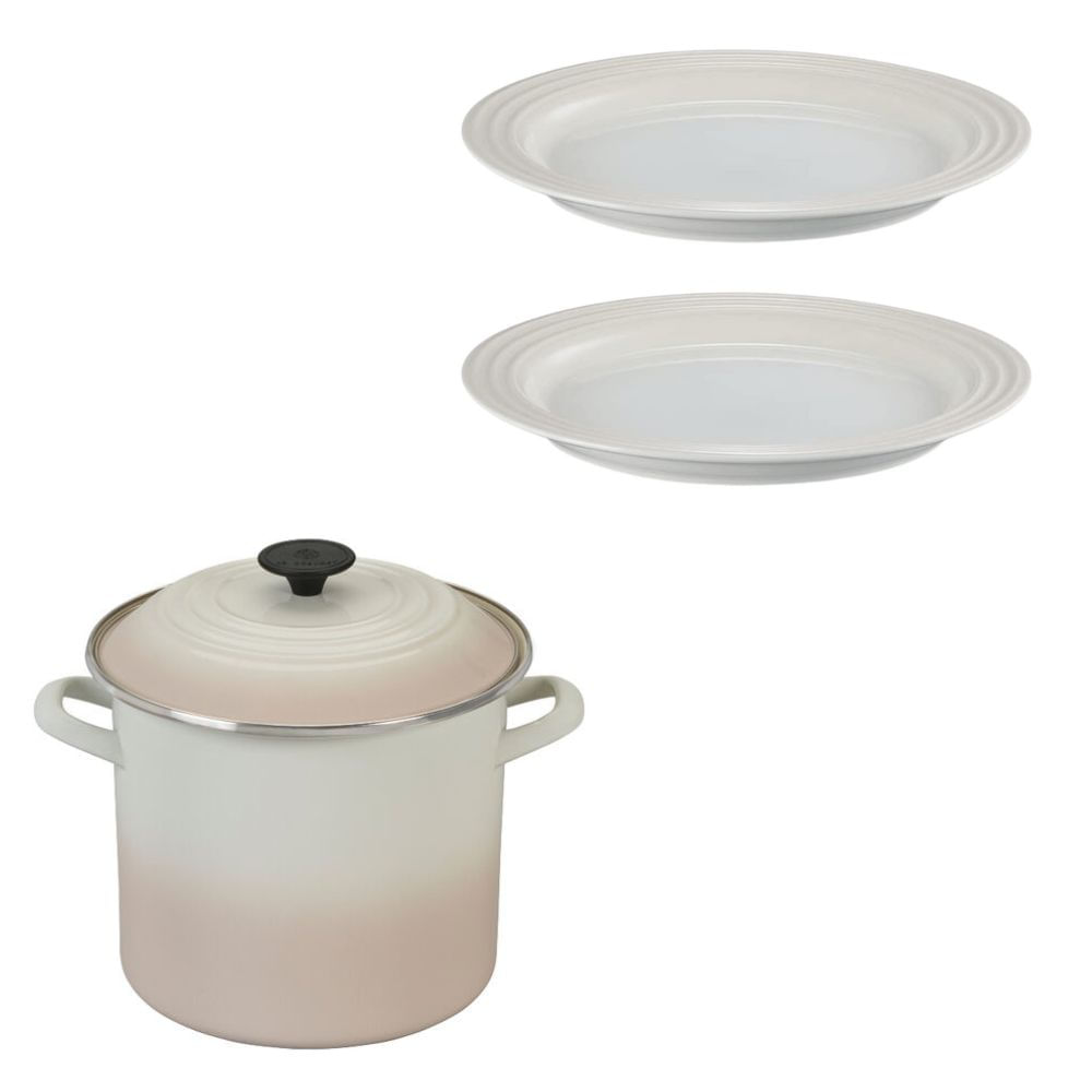 KIT LE CREUSET STOCKPOT 22CM 7,6L E 2 PRATOS RASOS 27CM MERINGUE