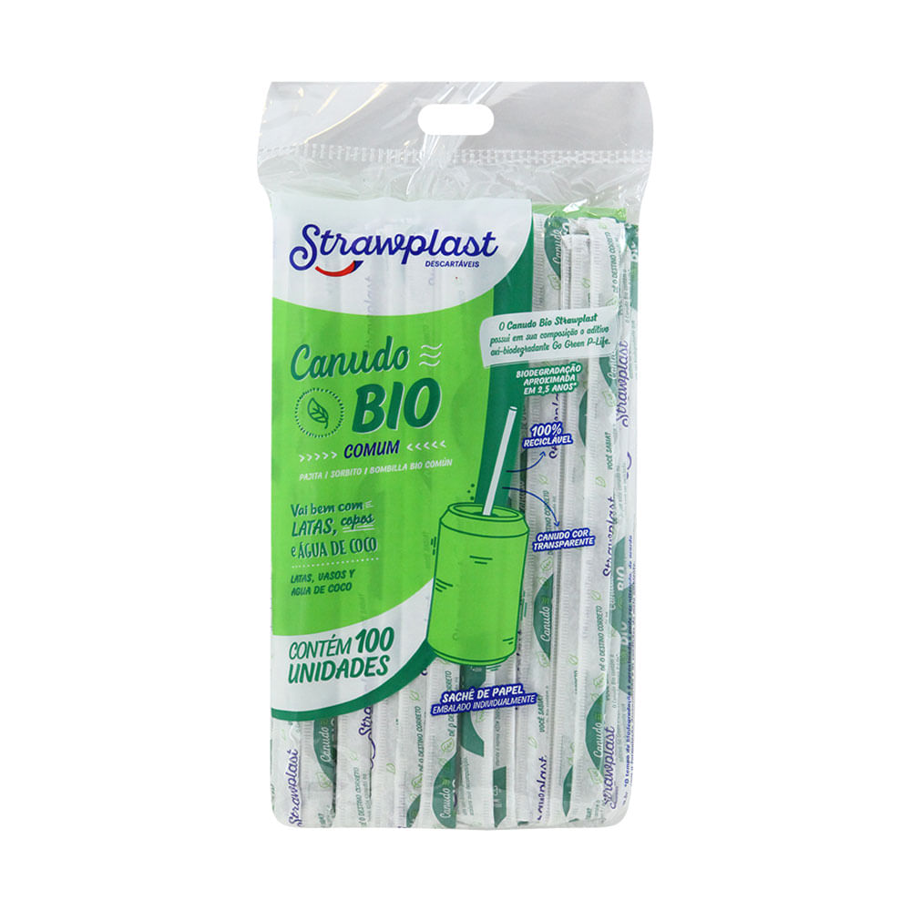 Canudo Bio Strawplast Comum com 100 Unidades