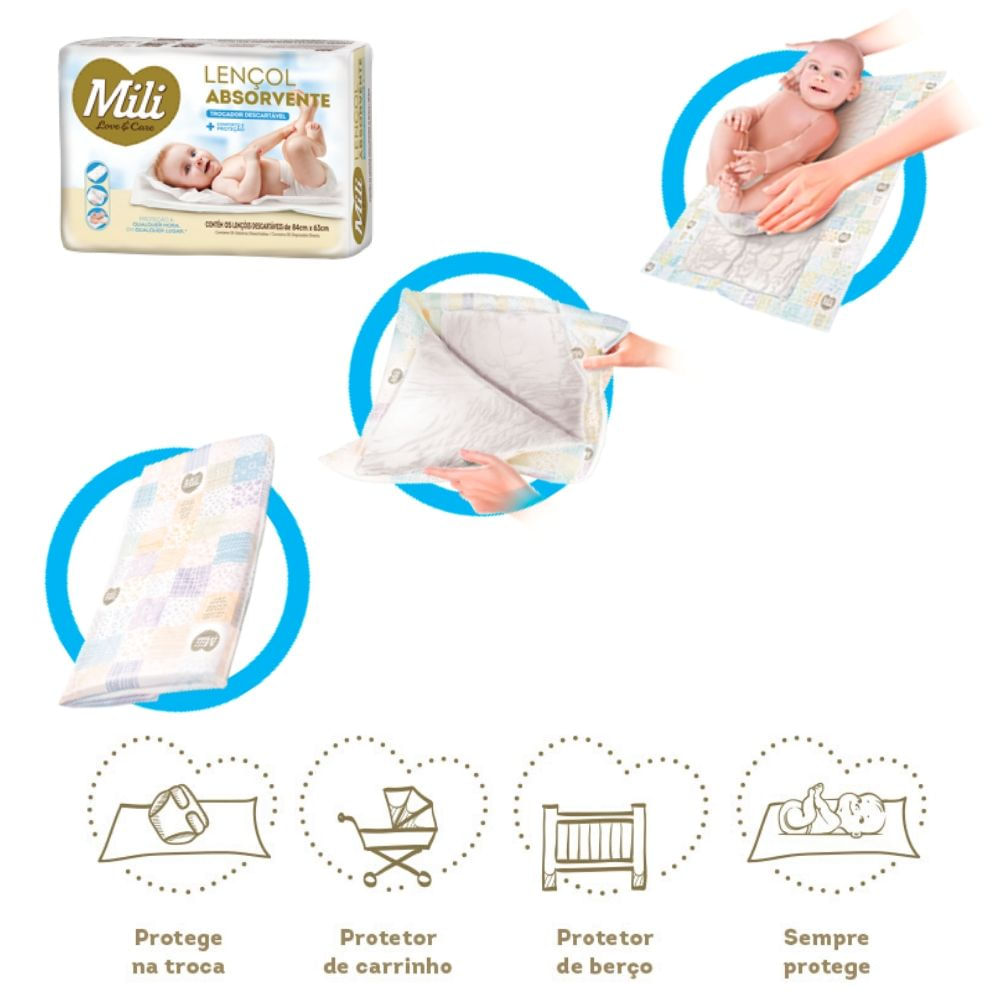 TROCADOR Descartável (Lençol Absorvente) MILI Love &amp; Care   1 Pacote com 5 unidades