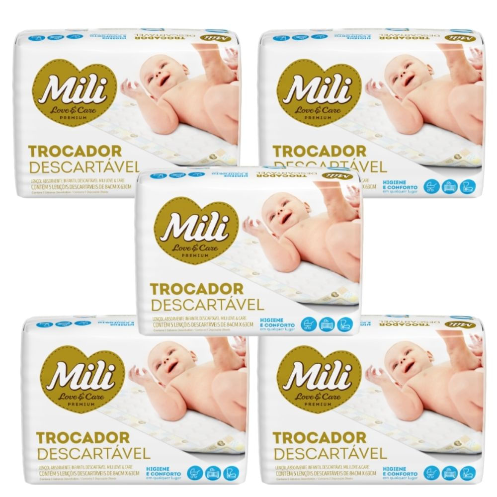 TROCADOR Descartável (Lençol Absorvente)   MILI Love &amp; Care   5 Pacotes com 5 unidades