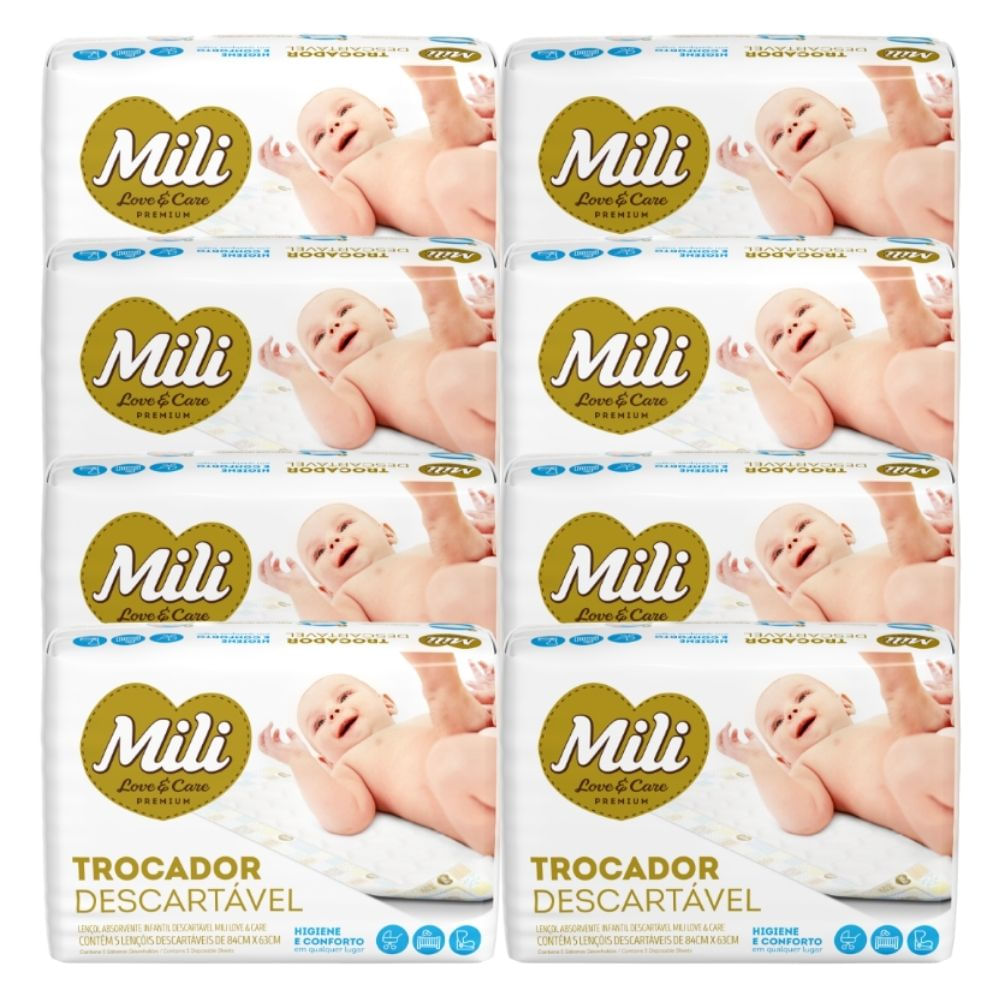 Trocador Descartável  Lençol Absorvente Mili Love & Care  8 Pacotes com 5  (Total 40 lençóis)