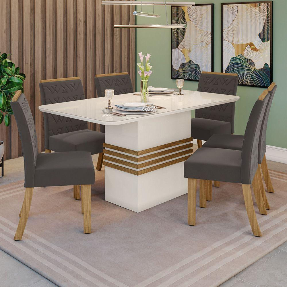 Conjunto Sala De Jantar Com Vidro 160 Cm 6 Cadeiras Nature Com Off White E Marrom Expresso