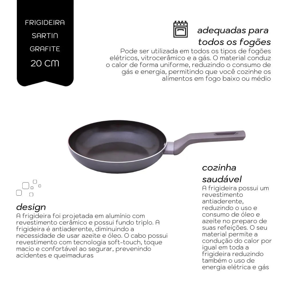 Frigideira Cerâmica Antiaderente 20cm Fundo Triplo Indução Mimo Style Linha Sartin Cook Grafite Panela Avulsa