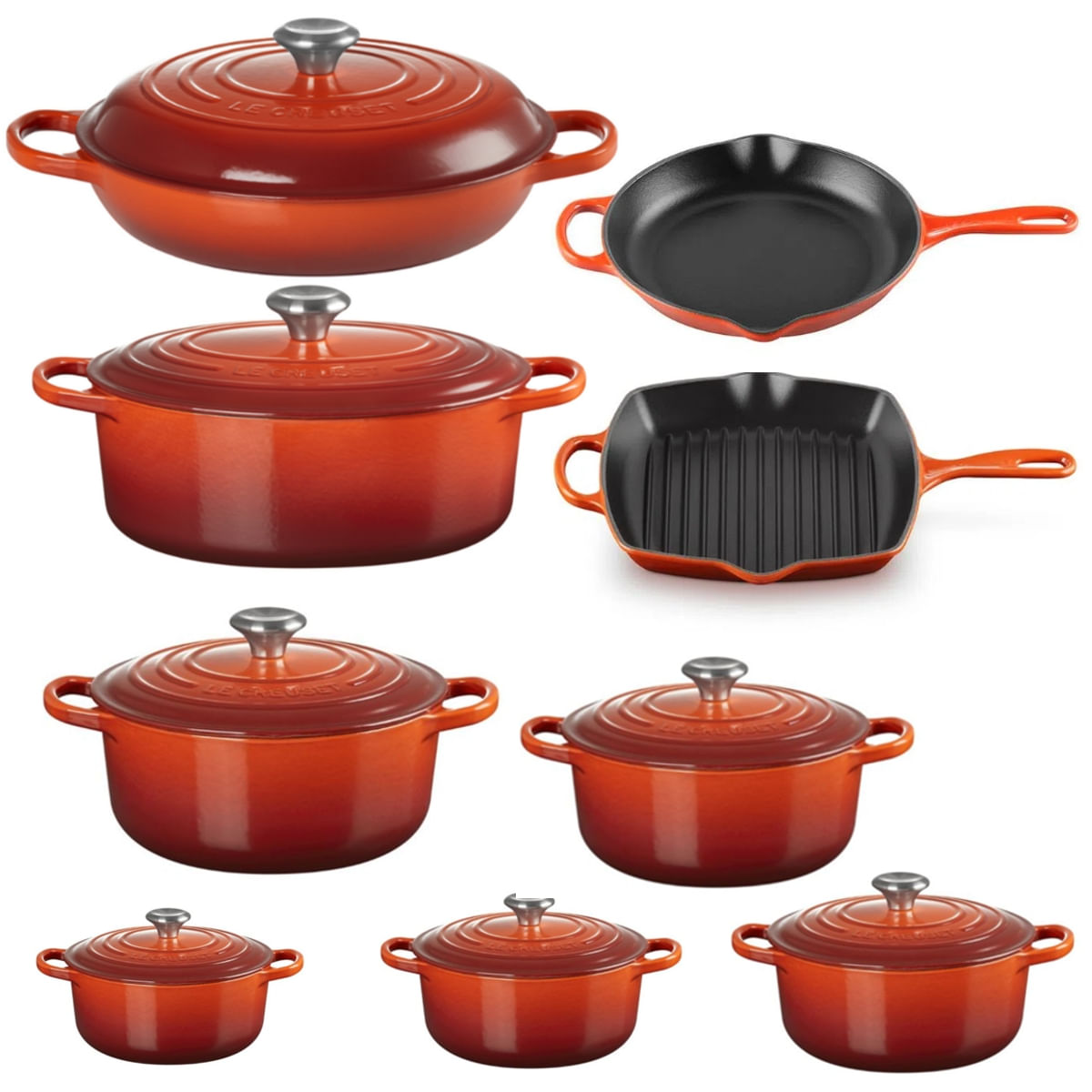 KIT 9 PEÇAS LE CREUSET PANELA REDONDA 20 22 24 26 28 + OVAL 29 + BUFFET 30 + SKILLET + GRELHA VERMELHO CAYENNE