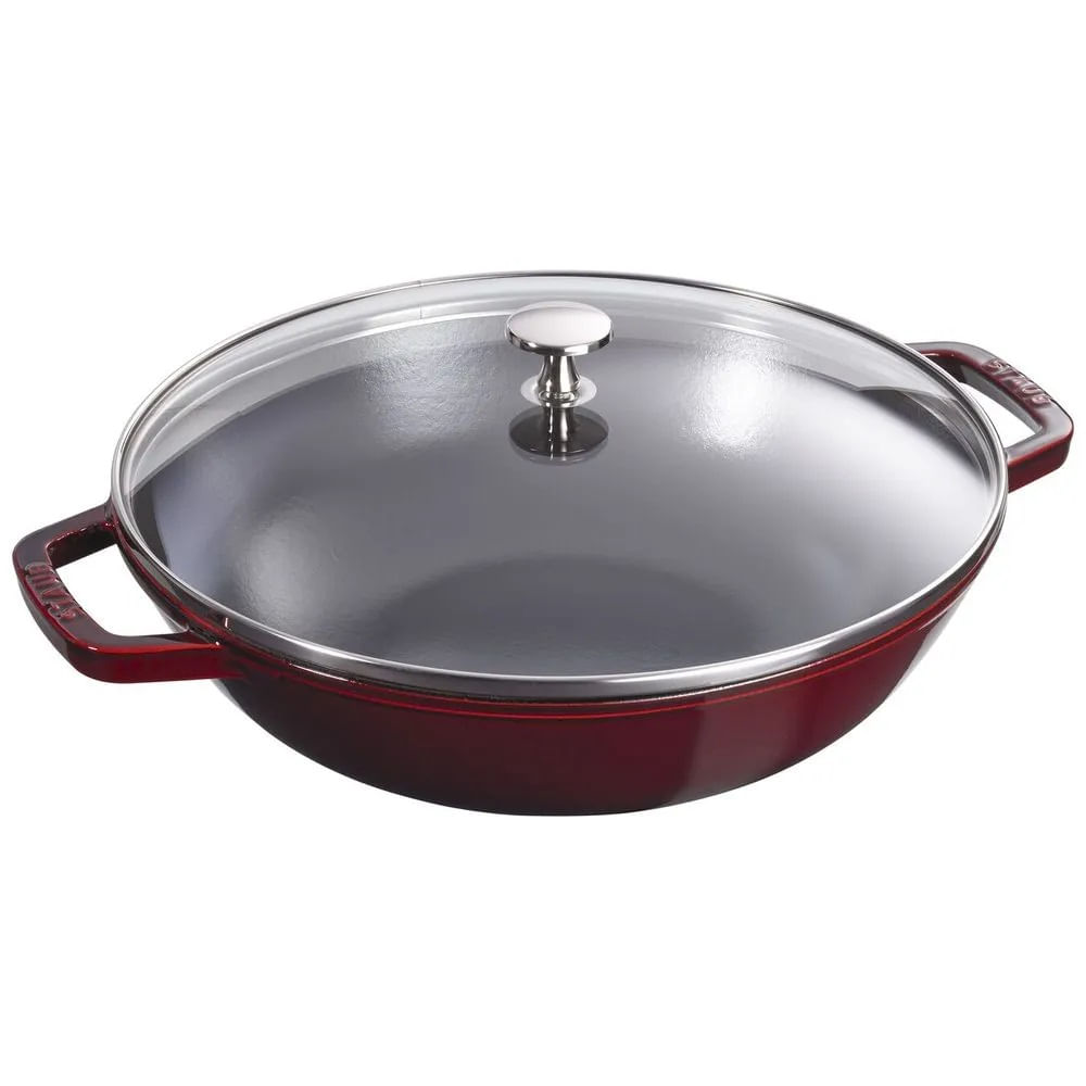 FRIGIDEIRA WOK STAUB REDONDA EM FERRO FUNDIDO VERMELHO COM TAMPA DE VIDRO 30CM 405114660