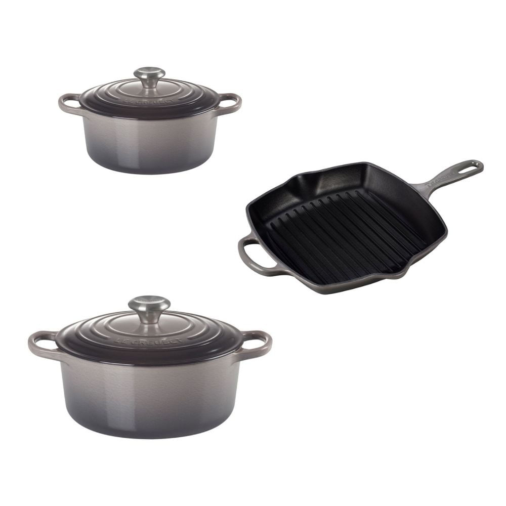 KIT LE CREUSET 2 PANELAS REDONDAS 20 E 24CM GRELHA QUADRADA 26CM EM FERRO ESMALTADO CINZA FLINT