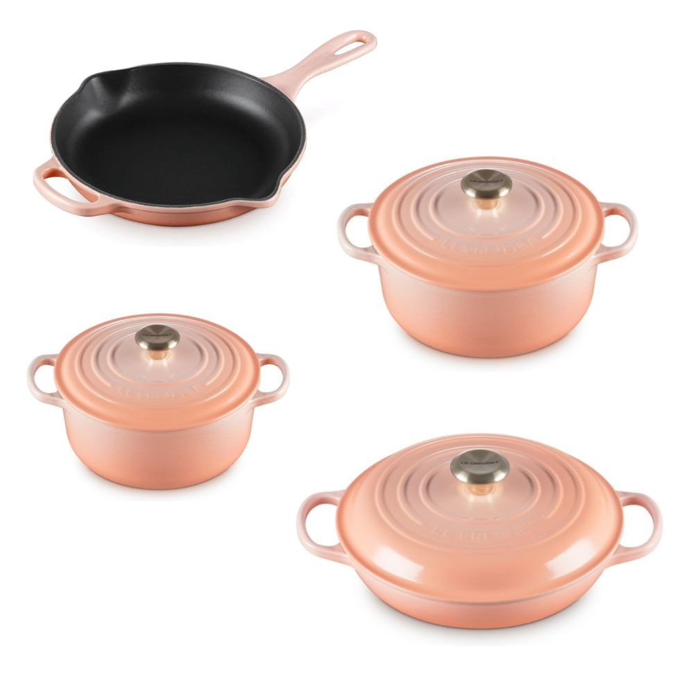 KIT LE CREUSET SKILLET 26CM 2 PANELAS REDONDAS 20 E 24CM CAÇAROLA BUFFET 30CM EM FERRO FUNDIDO PESSEGO PECHE