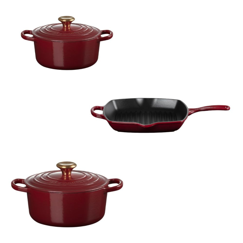 KIT LE CREUSET 2 PANELAS REDONDAS 20 E 24CM GRELHA QUADRADA 26CM EM FERRO ESMALTADO VERMELHO RHONE