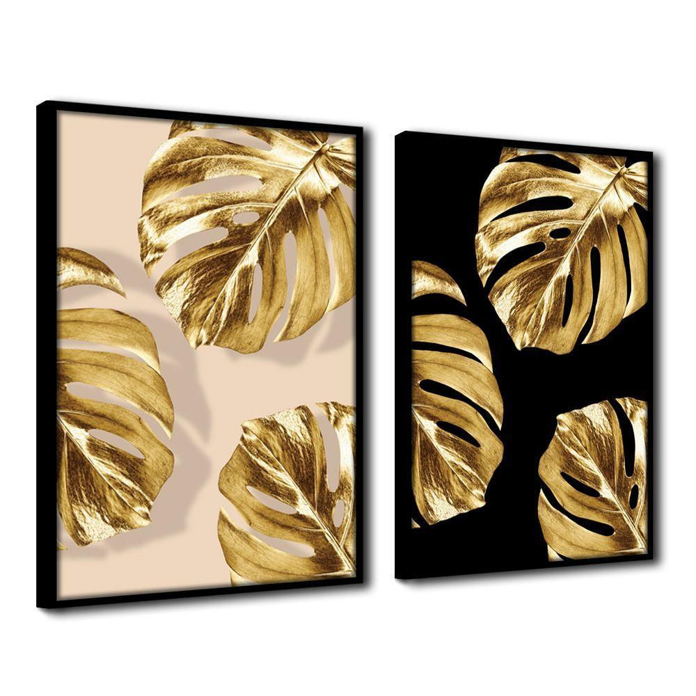 Quadro Premium Textura Cx Alta Folhas De Ouro 5 2Un 40X60 Titulo Moldura Preta