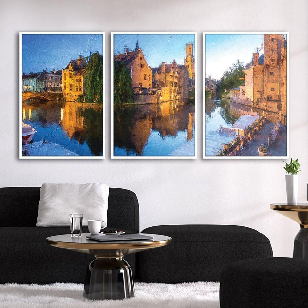 Quadros Premium Textura Cxalta Cidade Do Lago 40X60 3Un Titulo Moldura Branca