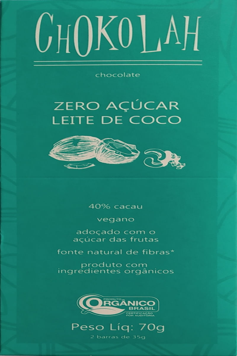 Chocolate ao Leite de Coco Zero Açúcar Orgânico CHoKolaH 70g