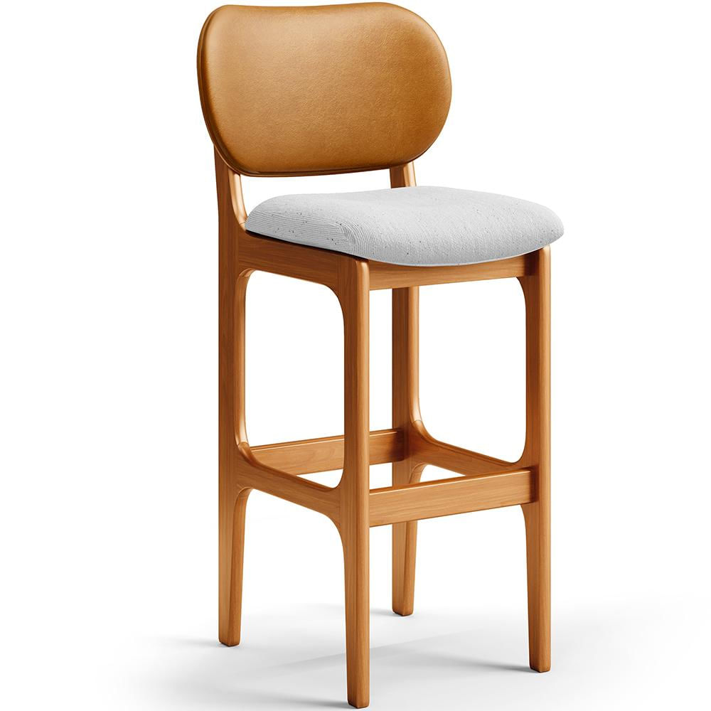 Banqueta Alta Bar Cozinha Sala Jantar Betta L02 Imbuia Couríssimo Whisky Linho Cinza - Lyam Decor