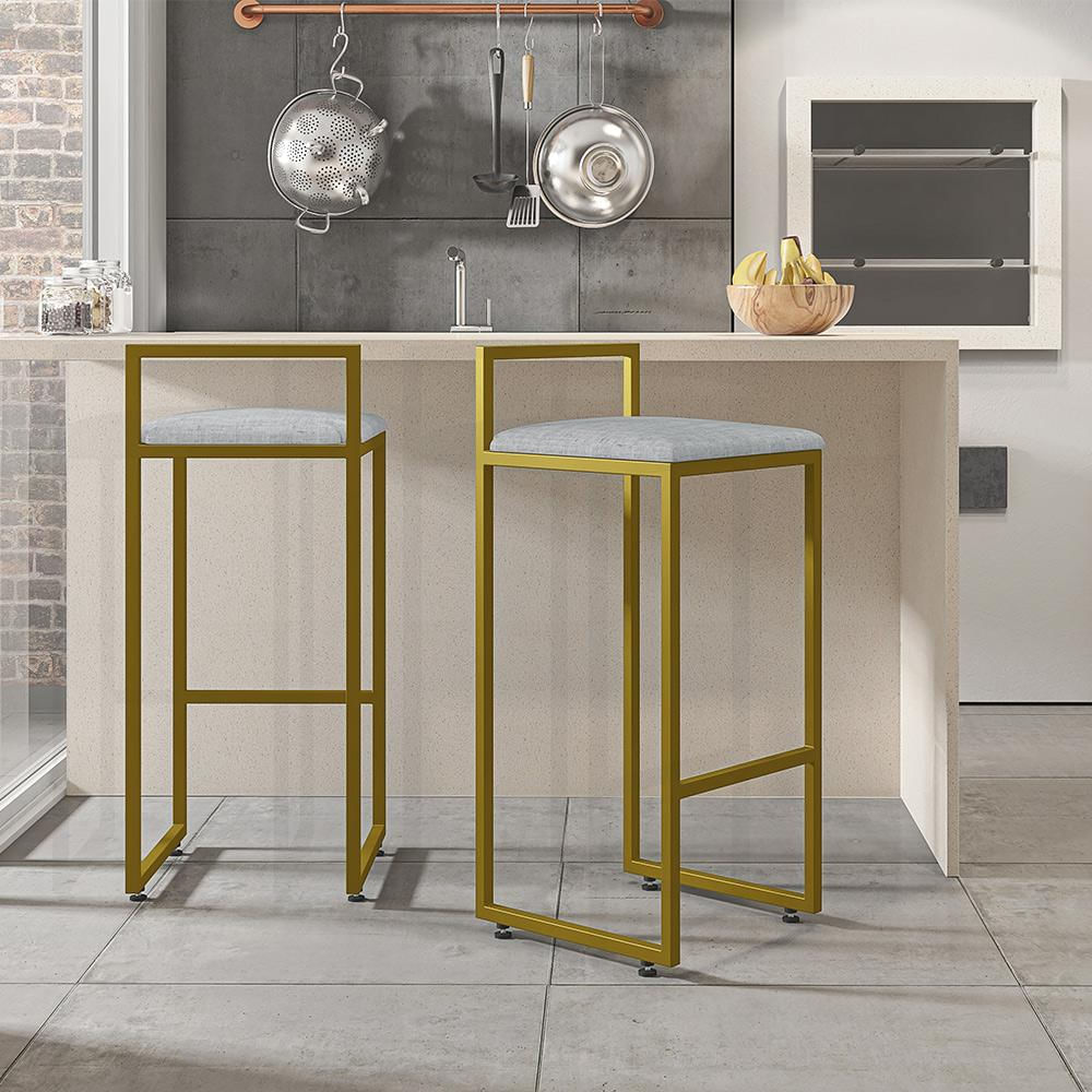 Banqueta Alta Para Cozinha Sala De Jantar Hanna L02 Dourado Linho Cinza - Lyam Decor