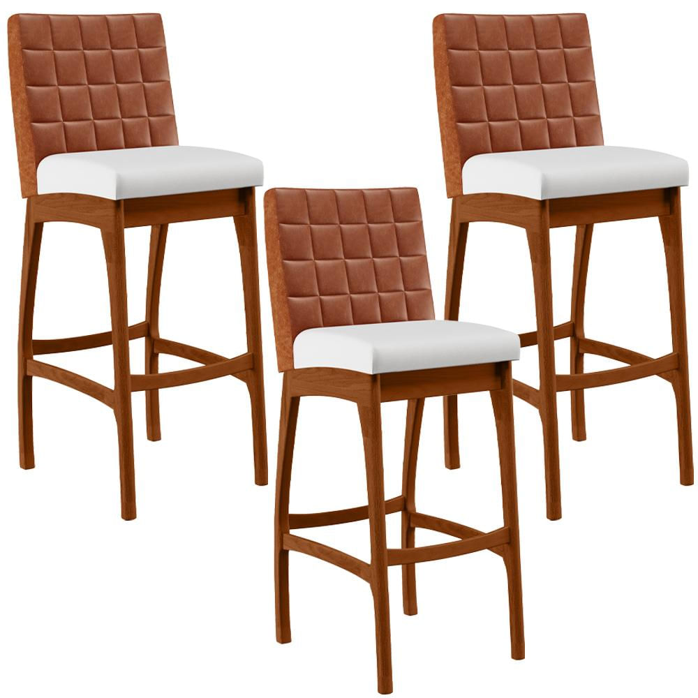 Kit 03 Banquetas Altas Cozinha Sala Jantar Fixa Mila B04 Couríssimo Camel Corano Branco - Lyam Decor